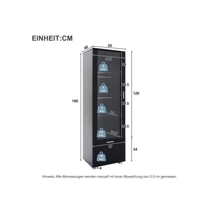 Vitrine noire brillante avec porte en verre, vitrine en verre éclairée par LED, (3 étagères)