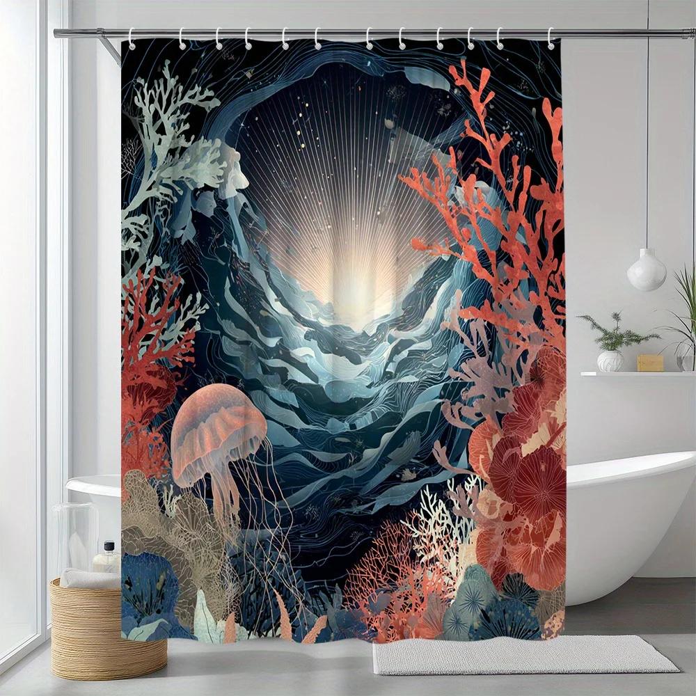 1pc Ocean Scenery Shower Curtain, Vibrant Underwater World Theme with Jellyfish and Coral Pattern, Polyester Fabric, Includes
