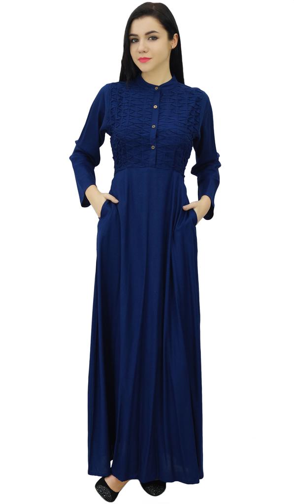 Bimba Женское черное платье-джильбаб с воротником-стойкой и карманами, длинный рукав-10