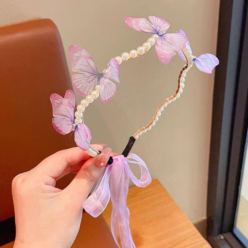 Butterfly Headband Children Streamer Hair Hoop Baby Cute Princess Female Cute Pearl Hairband Finishing Hairpin Hair Accessorie