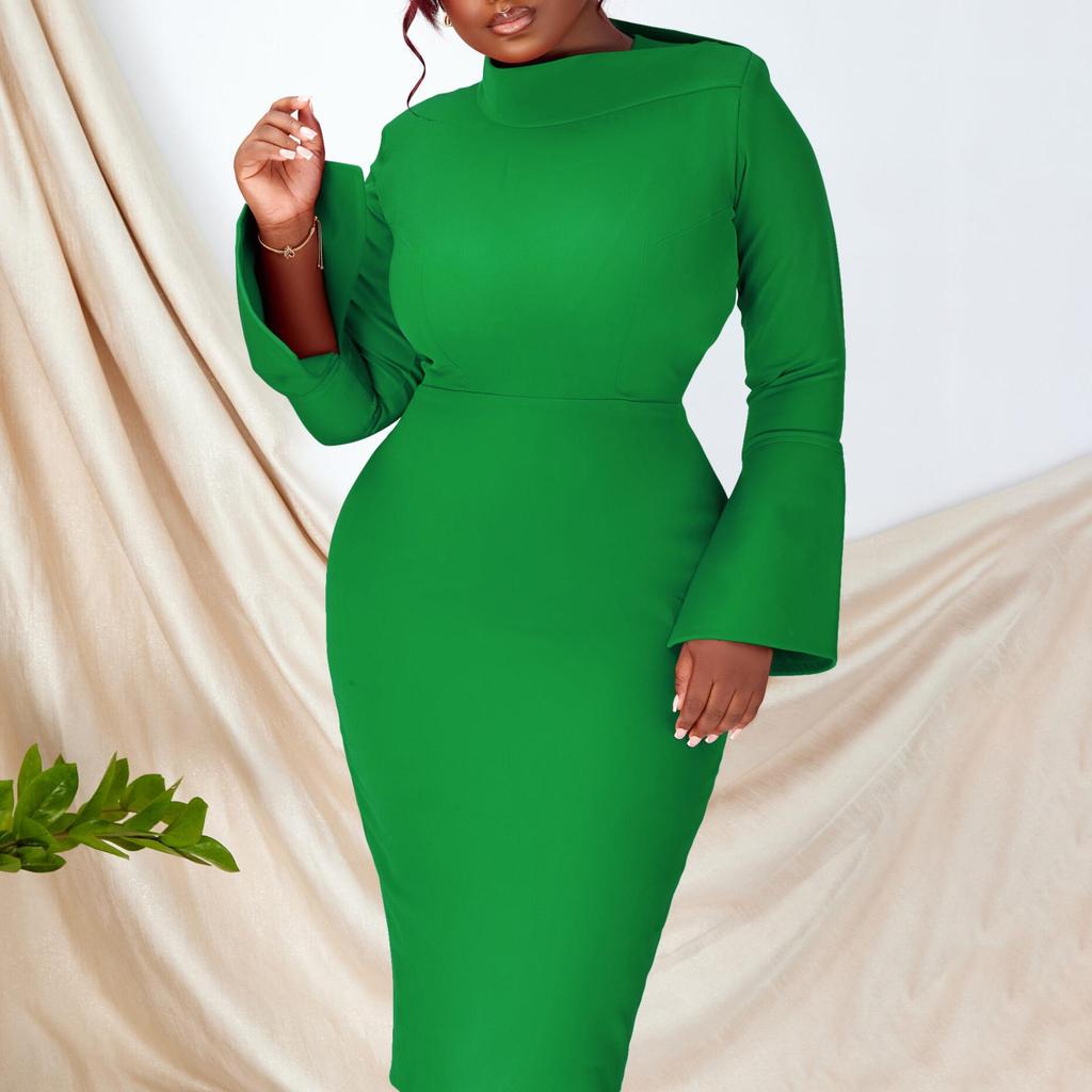 Элегантное трикотажное платье-карандаш с длинными рукавами и косым воротником для женщин