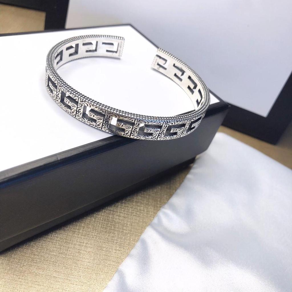 Sterling Silver S925 Carved Openwork "G" Letter Minimalist Unisex Wide Bracelet