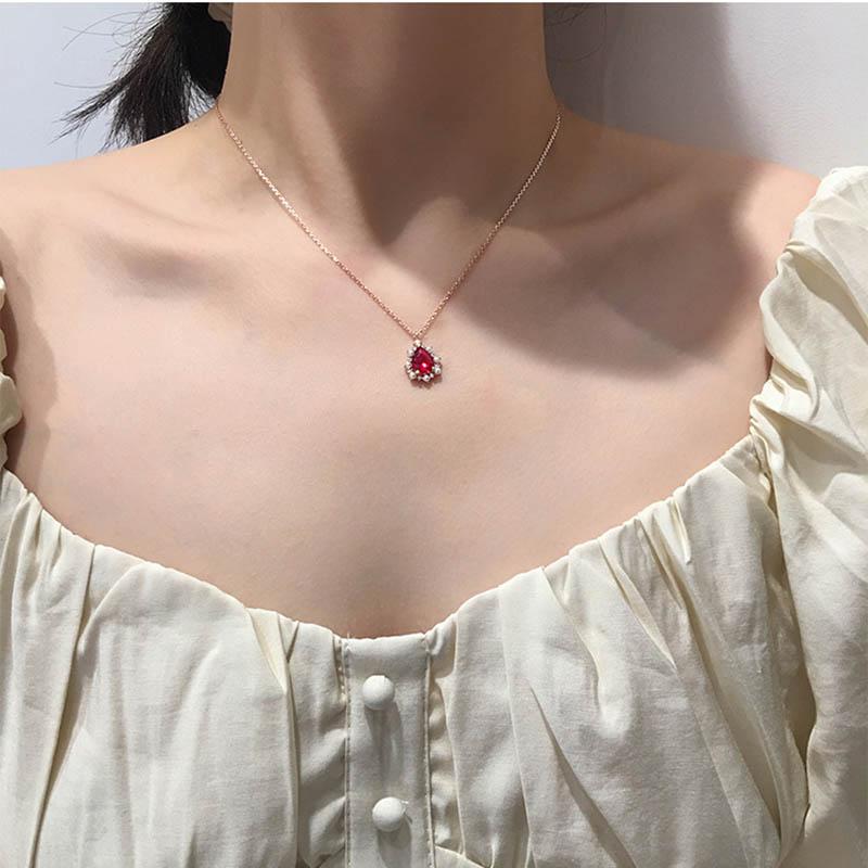 BELLA BOX Water Drop Shaped Ruby Gorgeous Elegant Pendant Necklace For Women Charm Wedding Engagement Gemstones Pearl Clavicle Chain Female Gifts