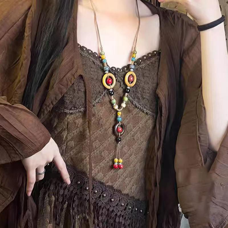 Vintage Bohemian Style Ceramic Beaded Woven Necklace For Women Girls Ethnic Style Long Necklace Jewelry Accessories Gifts