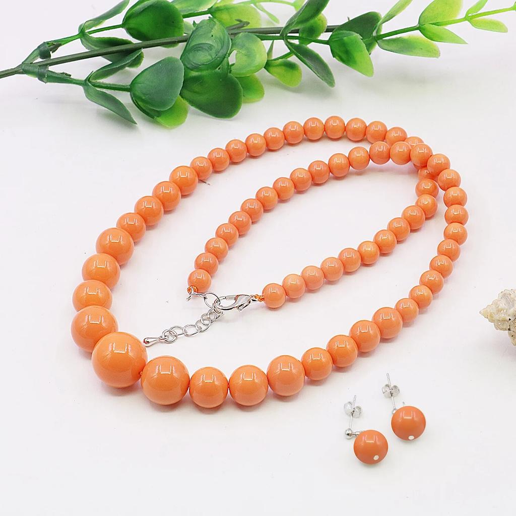 6-14 мм оранжевые круглые жемчужные бусины в форме башни, комплект ожерелья / сережек, дизайн ювелирных изделий, шейная цепочка, удлинительная цепочка 5 см, праздничные подарки для женщин