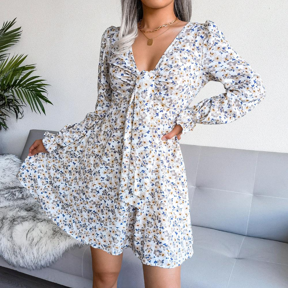 DAFIFY Женская мода лето весна цветочный узор принт с длинным рукавом v-образным вырезом средней талии повседневные платья