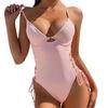 Women Swimsuit Solid Color One Piece Beachwear Padded Underwire Drawstring Swimwear Swimming
