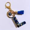 Blue Resin Initial Keychain - Evil Eye Letter Charm with Rhinestones & Tassel, Stylish Gift for Women, Lobster Clasp Accessory