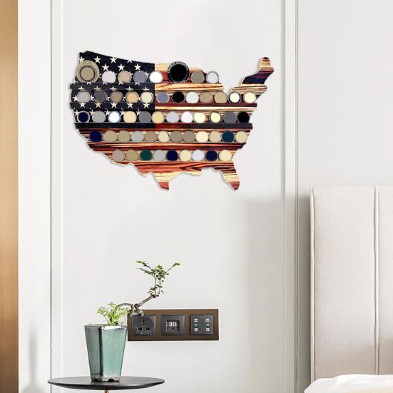 Challenge Coin Display Stand Wooden American Flag USA Map Shape Coin