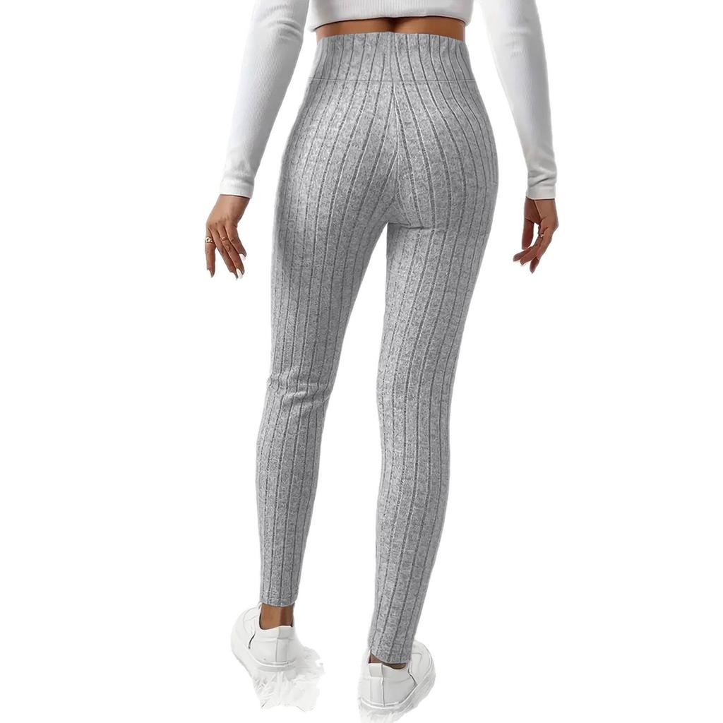 Women's Casual Pants with Ribbed Waistband High-Waisted Tie-Waist Warm Comfortable Tight-Fitting 9-Inch Pants for Home Use