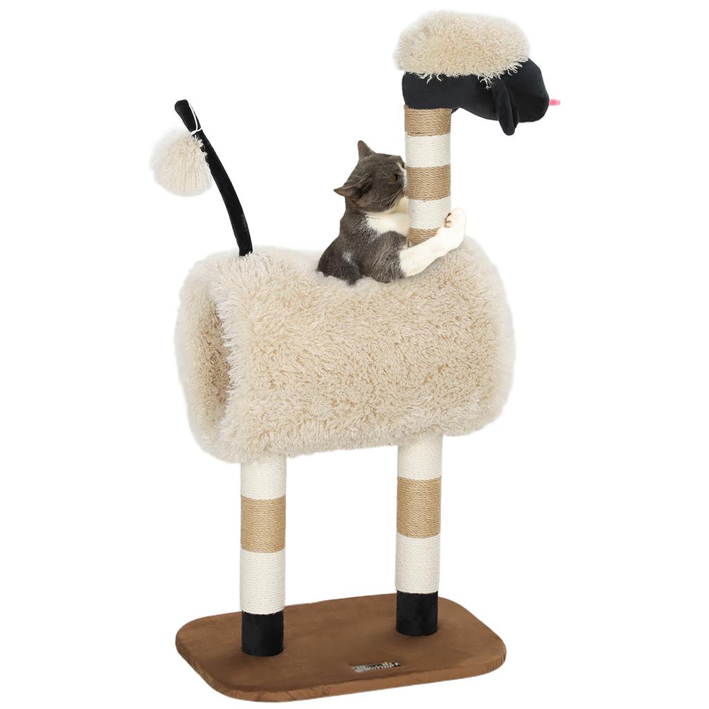 Cat Tree in Sheep Design, with Scratching Posts, Tunnel and Toy, 98 cm, Light Brown