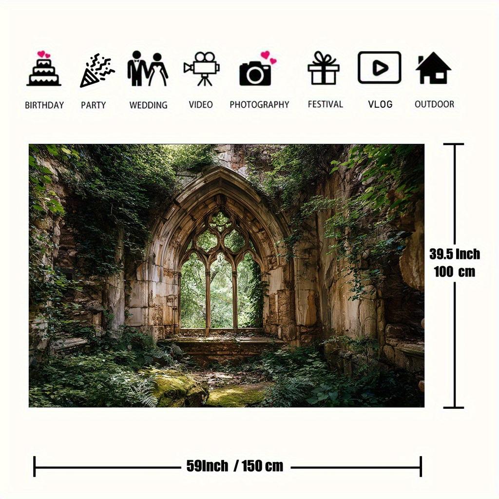 A 2D flat graphic banner 1 piece. The background of the picture is Gothic ruins. It is suitable for photography and events.