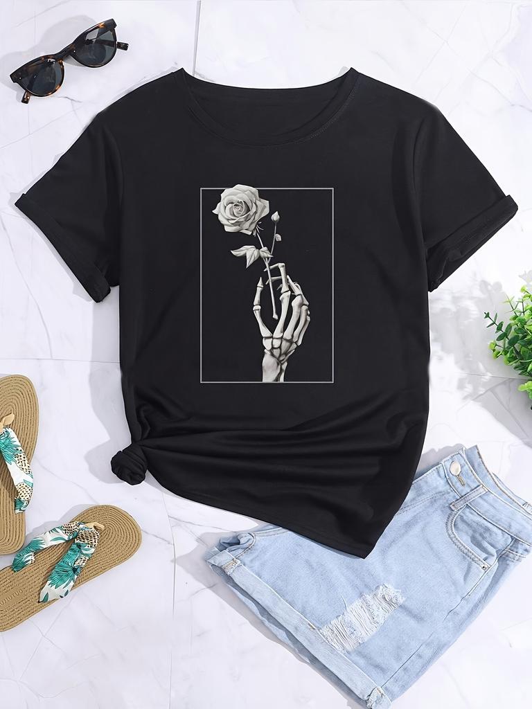 Hand and Rose Print T-Shirt Women's Crewneck Casual Short Sleeve T-Shirt Harajuku Streetwear T