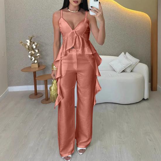 Женский топ с V-образным вырезом и брюками, топ на бретельках с оборками и прямые брюки, дышащий деловой костюм, летний повседневный наряд для офиса, вечеринки, улицы