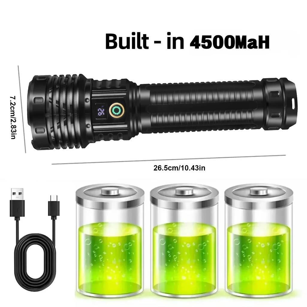 3000000LM High Power LED Flashlight 4500mah Built-in Battery Torch Ultra Bright Telescopic Zoom Powerful Lantern with Tail Light