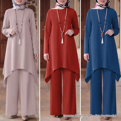 2024 Женская скромная мода Однотонный пуловер Миди-платье и комплект длинных брюк - Ближневосточная весенне-осенняя коллекция