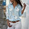 European & American Style Loose Printed Deep V Chiffon Shirt for Women
