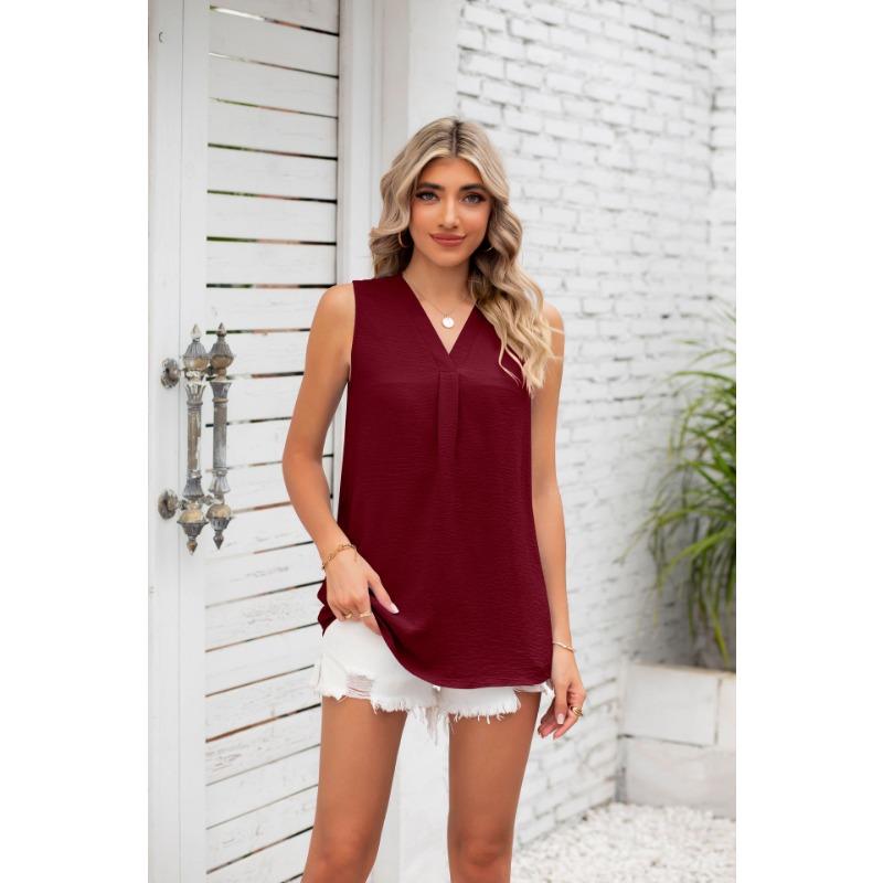 YYFS Женские модные повседневные летние весенние однотонные блузки и рубашки без рукавов с v-образным вырезом и принтом