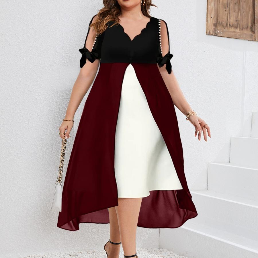 Весенне-летняя женская одежда больших размеров, элегантное модное платье с открытыми плечами и v-образным вырезом, лоскутное шифоновое платье из искусственного двойного предмета нестандартной формы