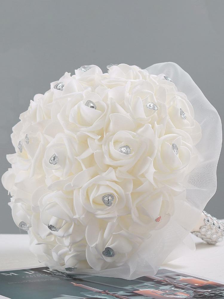Искусственная атласная лента Роза Белый букет для невесты Подружки невесты с ромбовидными мягкими лентами Свадебные цветы в руках для украшения свадебной вечеринки