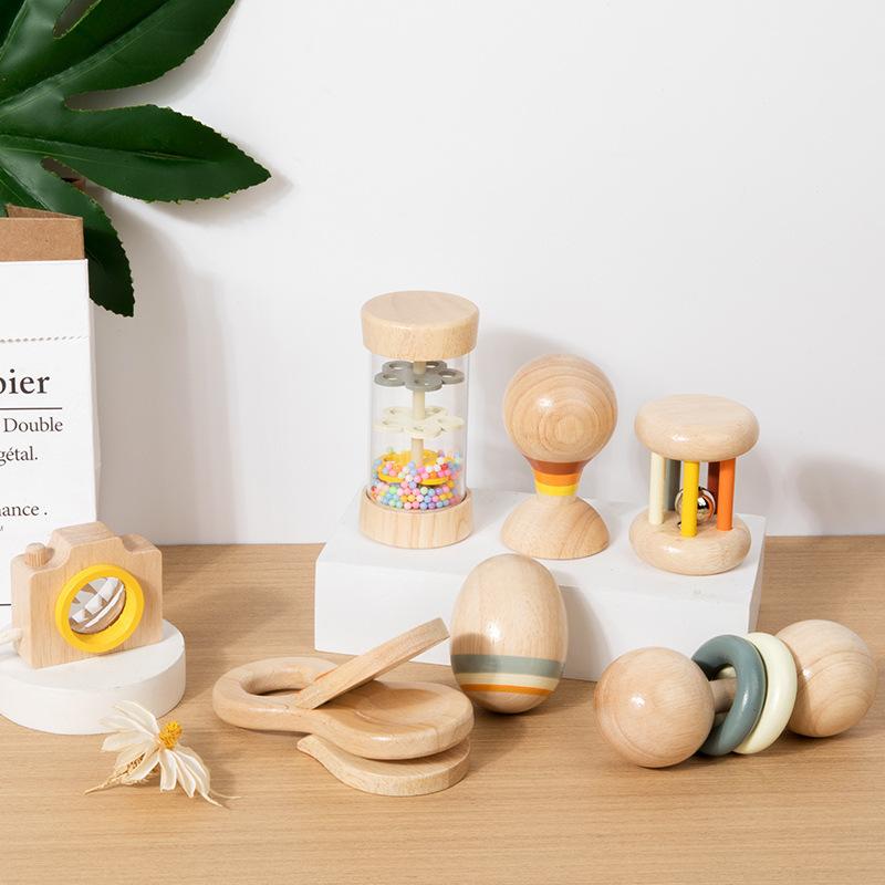Wooden Children's Puzzle Early Education Newborn Hand Rattle Baby 2 Months 1 Year Old 4 Grip Training Baby Toy