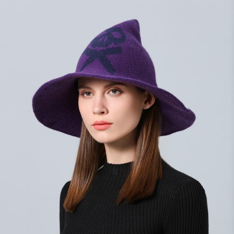 New Halloween Skull Wizard Hat Big Eaves Wool Knitted Ghost Head Witch Hat Women's Party Hat