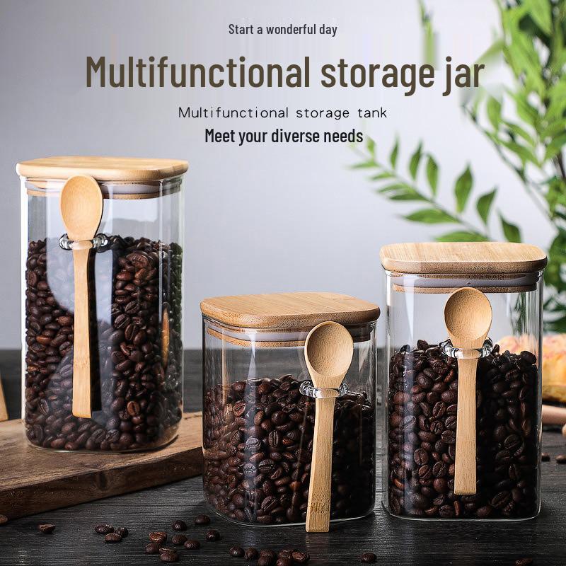 Japanese Square Glass Airtight Jar with Wooden Spoon for Coffee Bean and Tea Storage