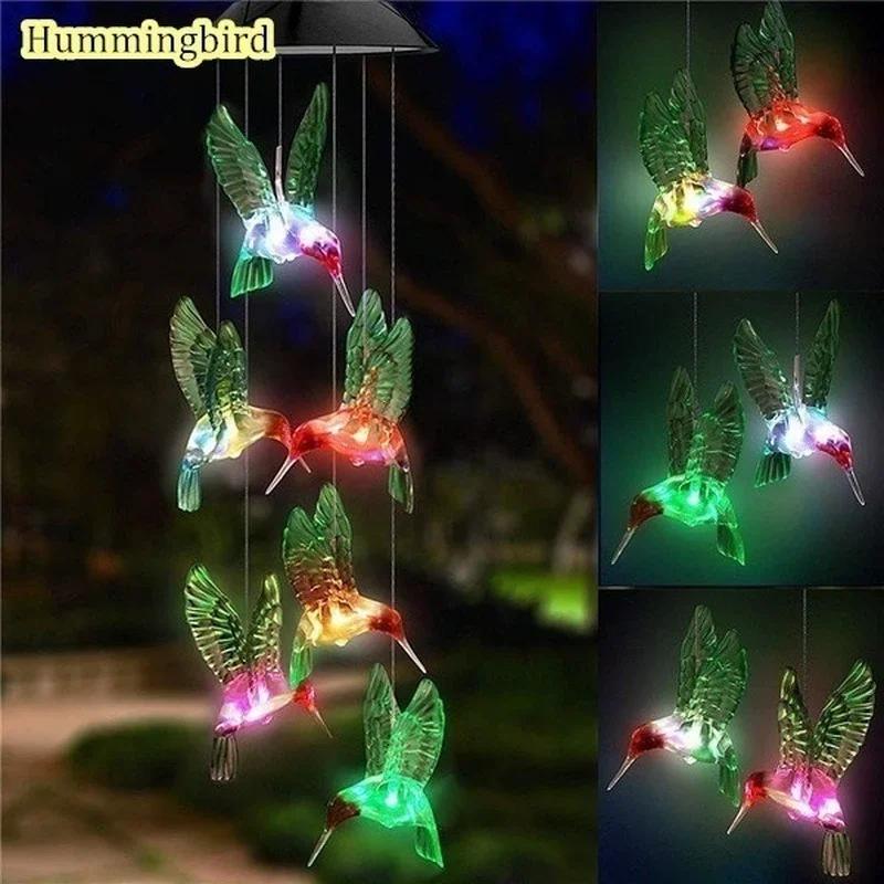 New LED Solar Wind Chime Crystal Ball Hummingbird Wind Chime Light Color Changing Waterproof Hanging Solar Light For Home Garden