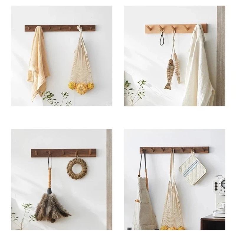 Solid Wood Wall Mounted Coat Hook Rack, Natural Beech Black Walnut Wooden Hook Rail, No-Drill Adhesive Hooks For Entryway Bedroom Bathroom