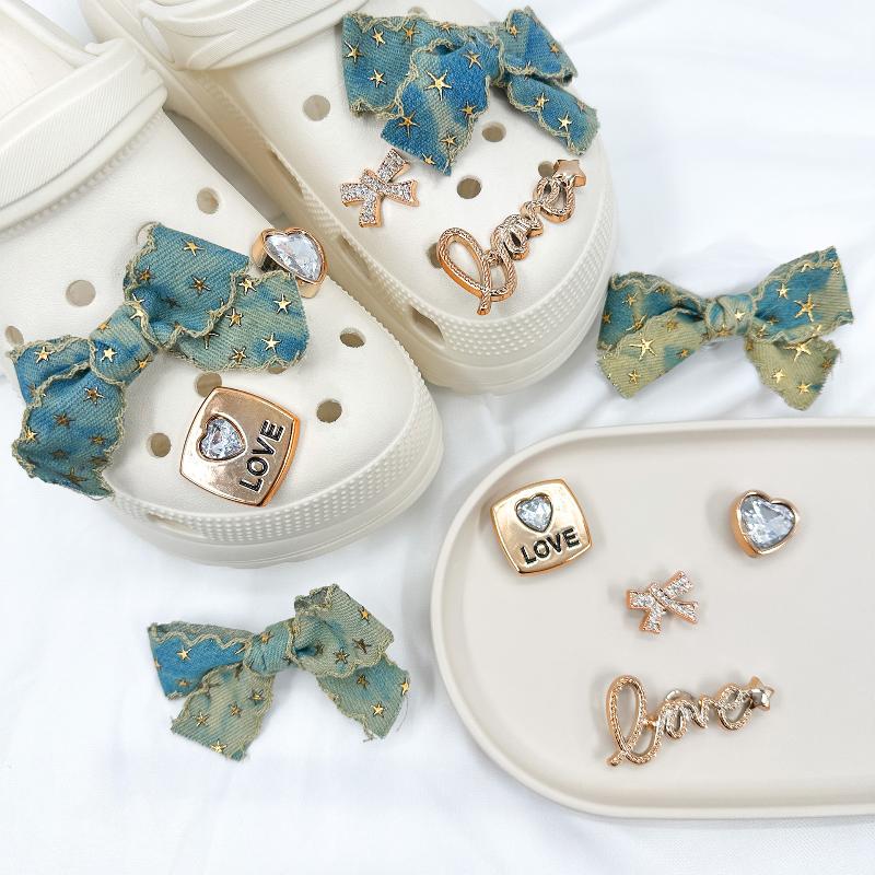 Ins Style Denim Bow Shoe Charm Trendy Rhinestone Bowknot Shoe Decoration Kit Creative Vintage Shoe Buckle Holiday Gifts
