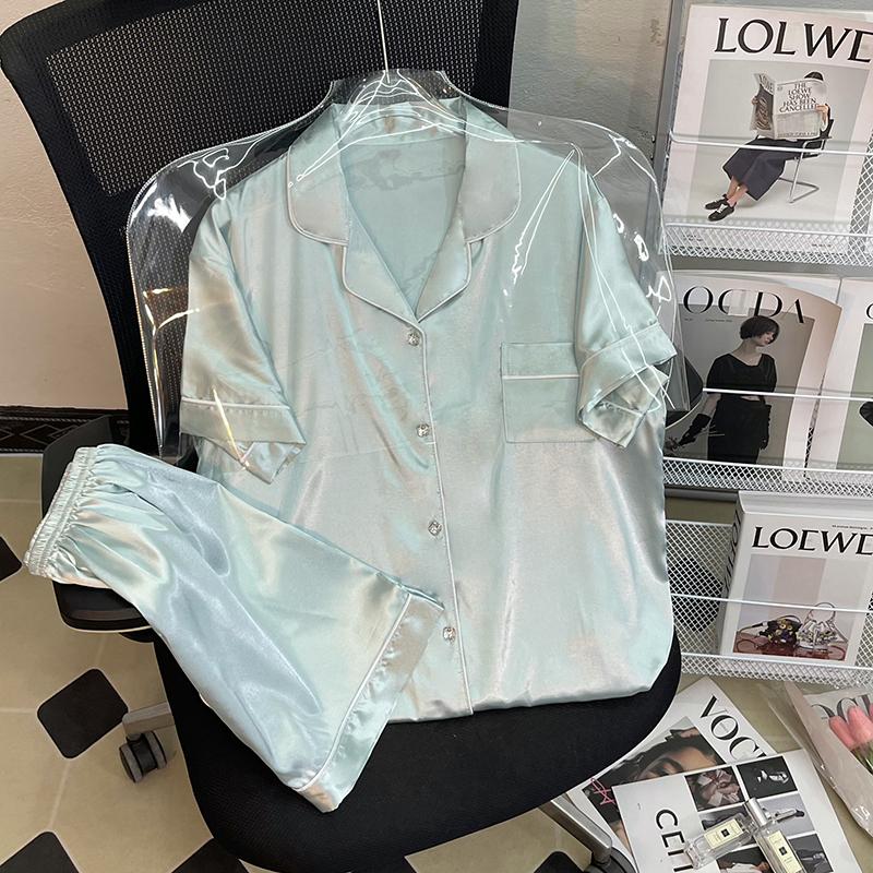 Летняя новая женская милая атласная пижама с цветочным принтом, короткий рукав + брюки, женская милая домашняя одежда, повседневная одежда