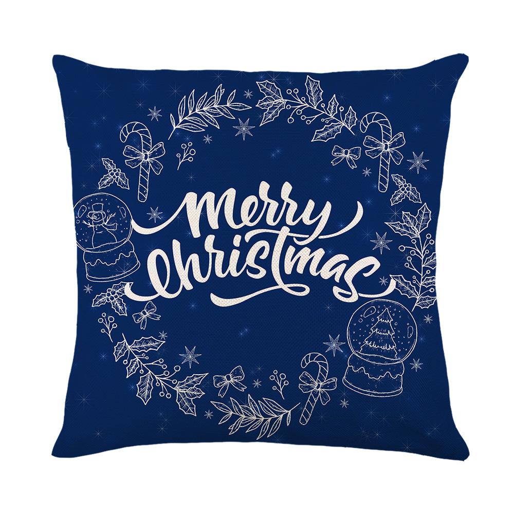 Blue Christmas Ornament Cushion Cover Printed Bear Snowflake Elk Santa Claus Tree Merry Christmas Lettering Linen Pillowcase