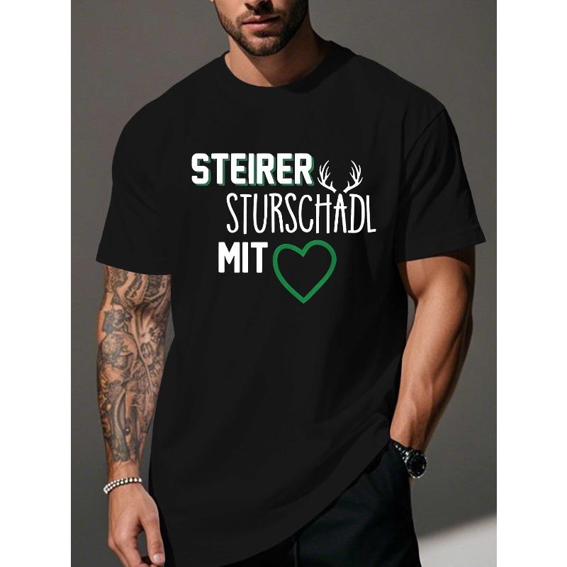 Европейские размеры Мужская одежда Большого размера Забавная немецкая мятая футболка - "Steirer Sturschadl Mitt" Дизайн с сердцем, Повседневная, С круглым вырезом, Короткий рукав, Летняя футболка