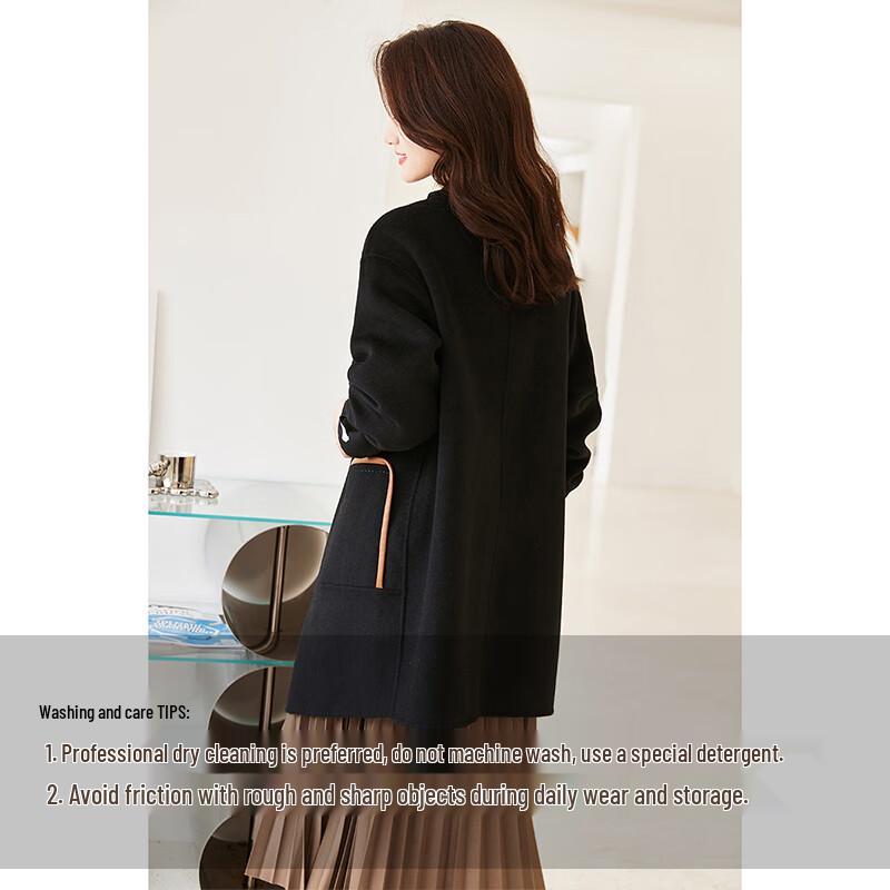 VICTORIA&VERA Women's Winter Leather Buckle Double-Faced Wool Coat