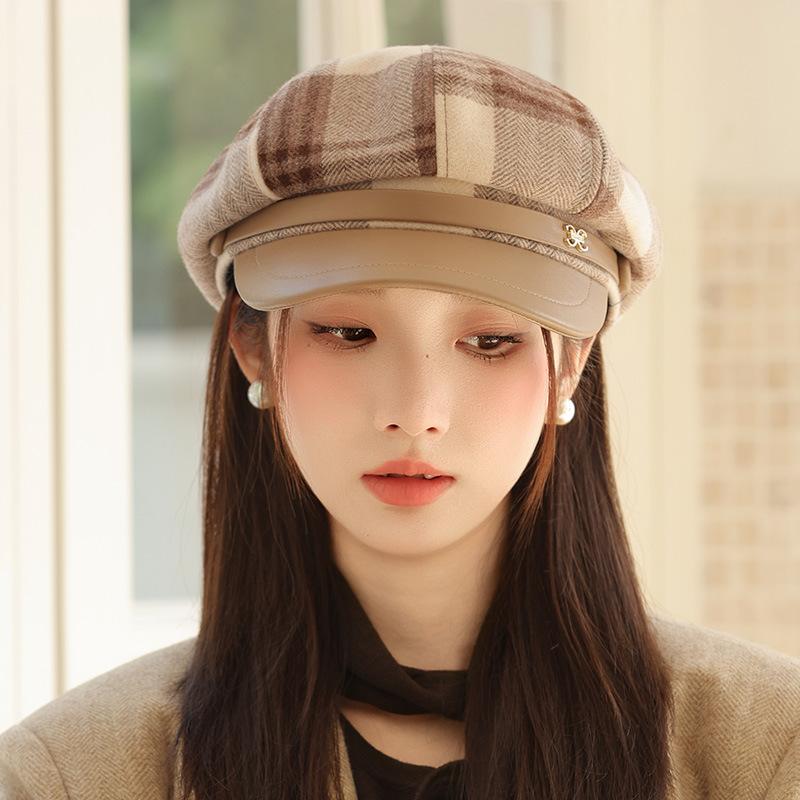 Autumn Hat Women's Leather Plaid Beret Versatile Face Cap Warm Octagonal Hat