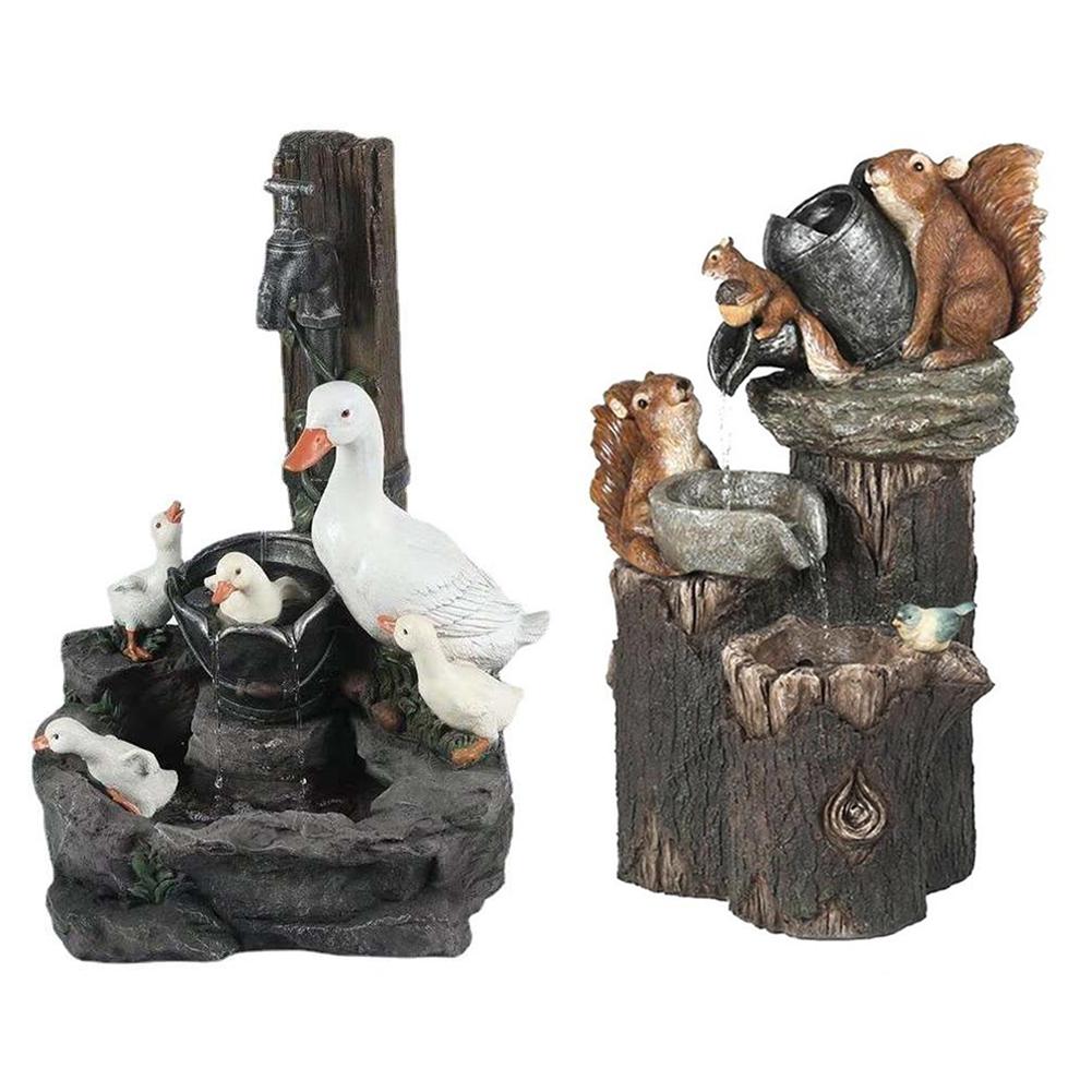 Garden Lighted Sculpture Solar Duck Squirrel Fountain Figurine Resin Duck Fountain Waterfall Statue Home Outdoor Landscape Decor
