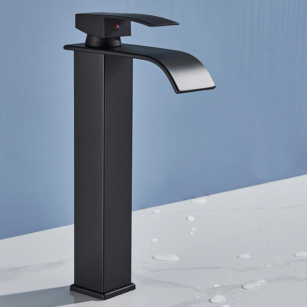 Matt Black Basin Faucet Single Lever Mixer Hot and Cold Water Basin Crane Tap Bathroom Washbasin Sink Waterfall Mixer Tap