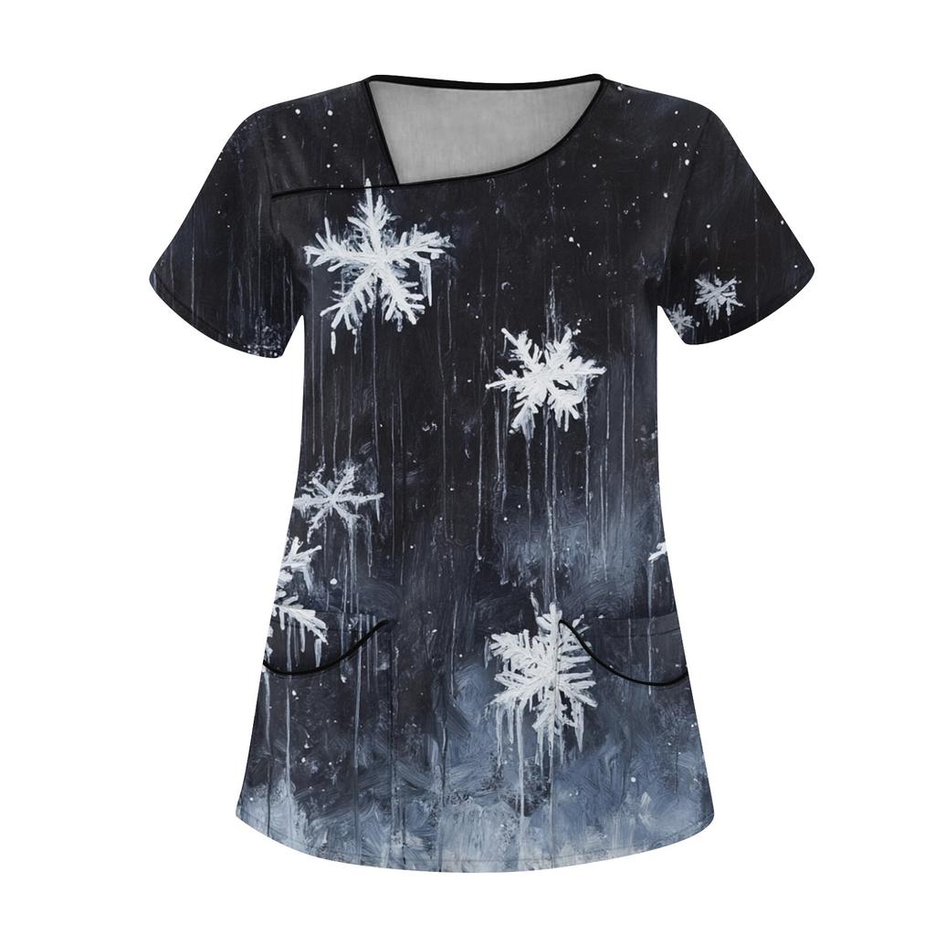 Женская рабочая одежда с рождественским принтом, покатый воротник и двухслойные карманы, базовый пуловер сверху