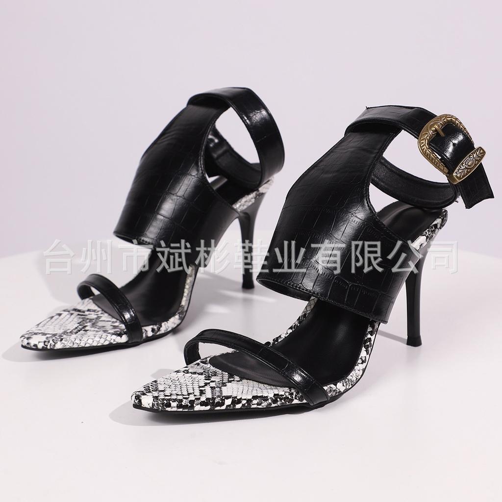 2025 Summer New High Heel Thin Heel One-word Buckle Large Size 42 Sandals Women's European and American Fashion Open-toed Foreign Trade Women's Shoes