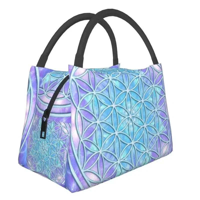 Цветок Жизни Раковина Абалона на Жемчужине Изолированная Сумка-тоут для ланча для женщин Геометрическая Мандала Портативный Охладитель Термальная Коробка для Бенто