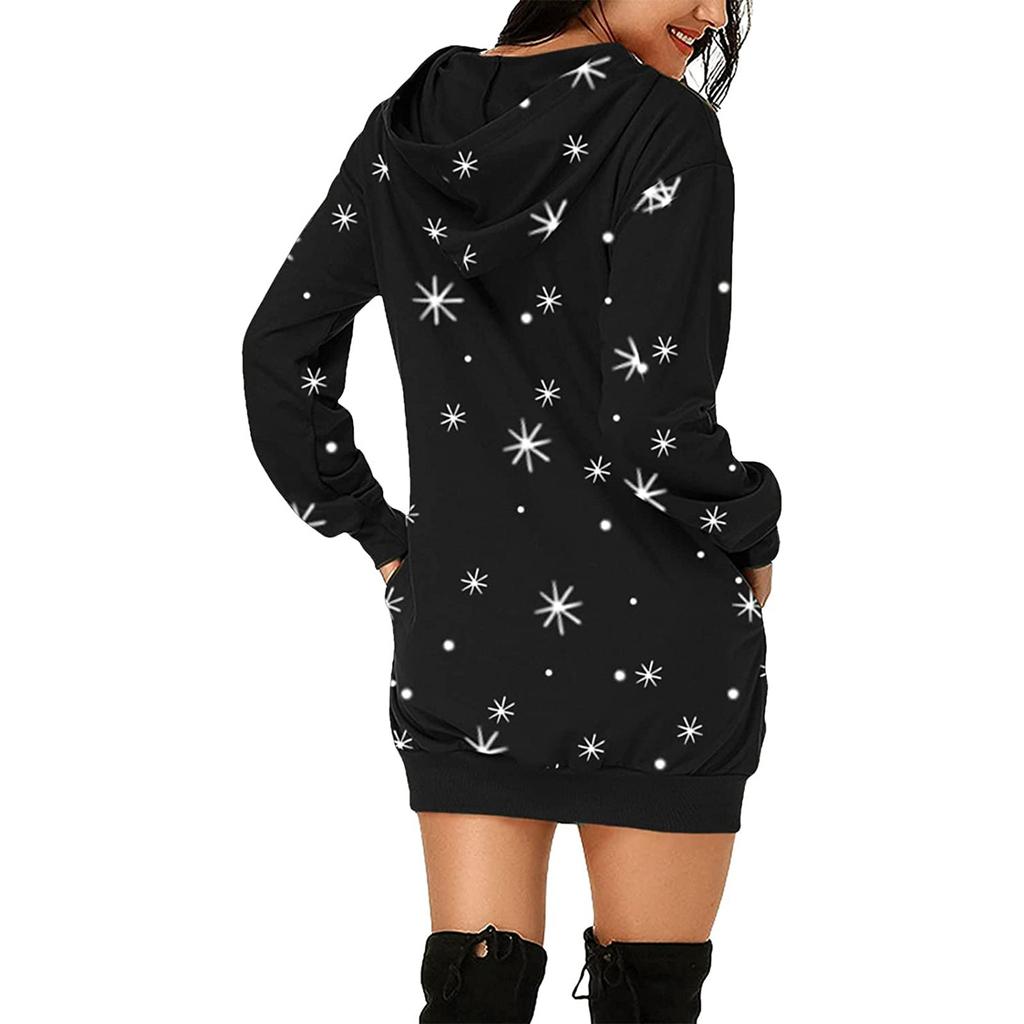 Fashion Casual Women's Christmas Printed Long Sleeve Hooded Pullover Dress Top