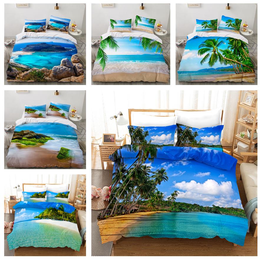 3D Hawaiian Vacation Style Bedding Sea View Down Duvet Covers Pillowcases 2/3pc King Queen Bed Duvet Covers Set, Home Textile Gifts