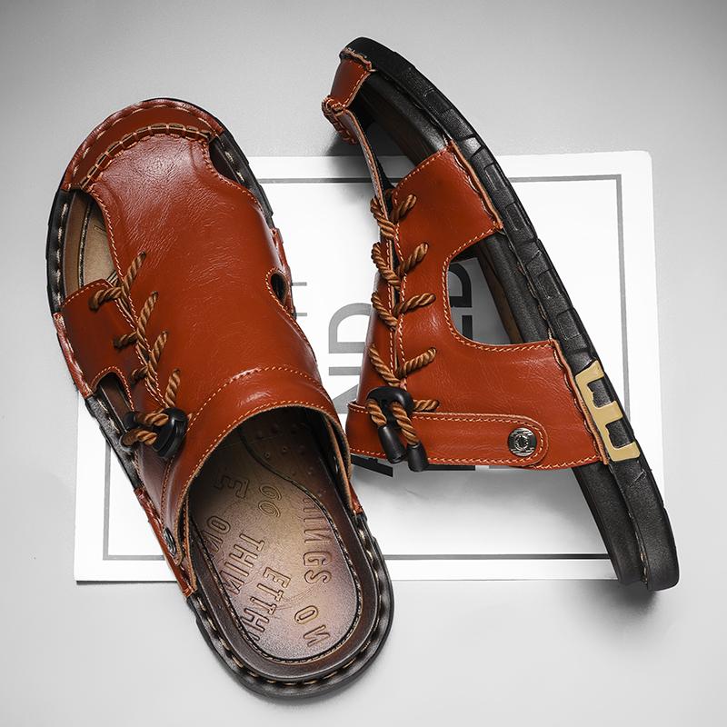 Модные летние мужские повседневные кожаные шлепанцы-вьетнамки в стиле ретро, мюли, полусабо, модные повседневные пляжные сандалии двойного назначения