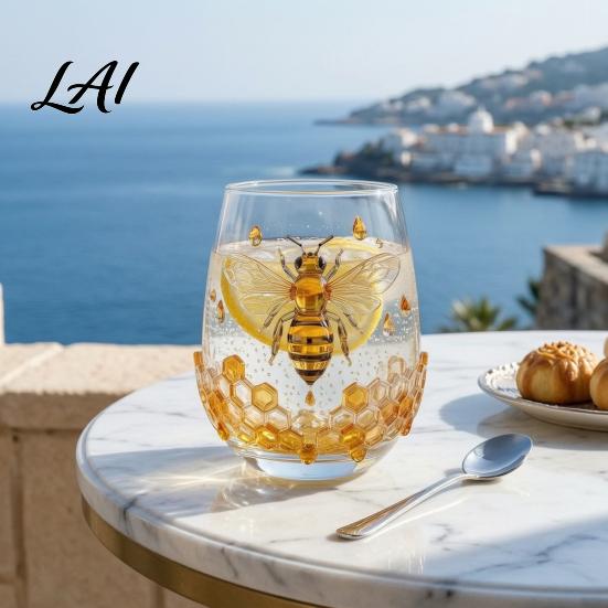 Retro Aesthetic Glass Cup 5oz Bee with Honeycomb Relief Creative Drinking for Party & Sturdy Tea Daily Use Thickened Water Cup Clear Beverage
