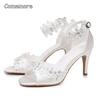 Сандалии на высоком каблуке с открытым носом 8 см Белый Кружево Блестки Сатин Туфли Шпилька Ремешок на лодыжке Женские Свадебное платье Туфли невесты Sandalias