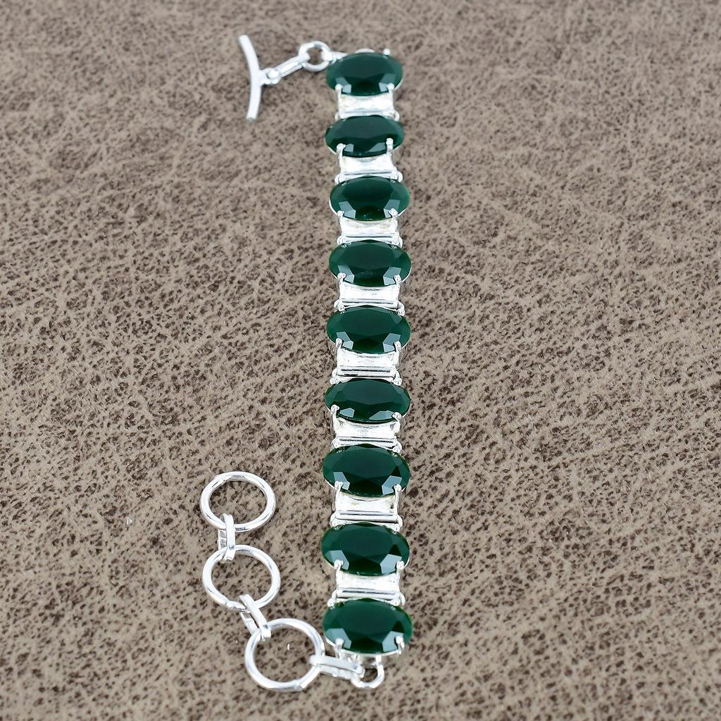 Green Onyx Gemstone Handmade 925 Sterling Silver Bracelet 7-8" KKG-134