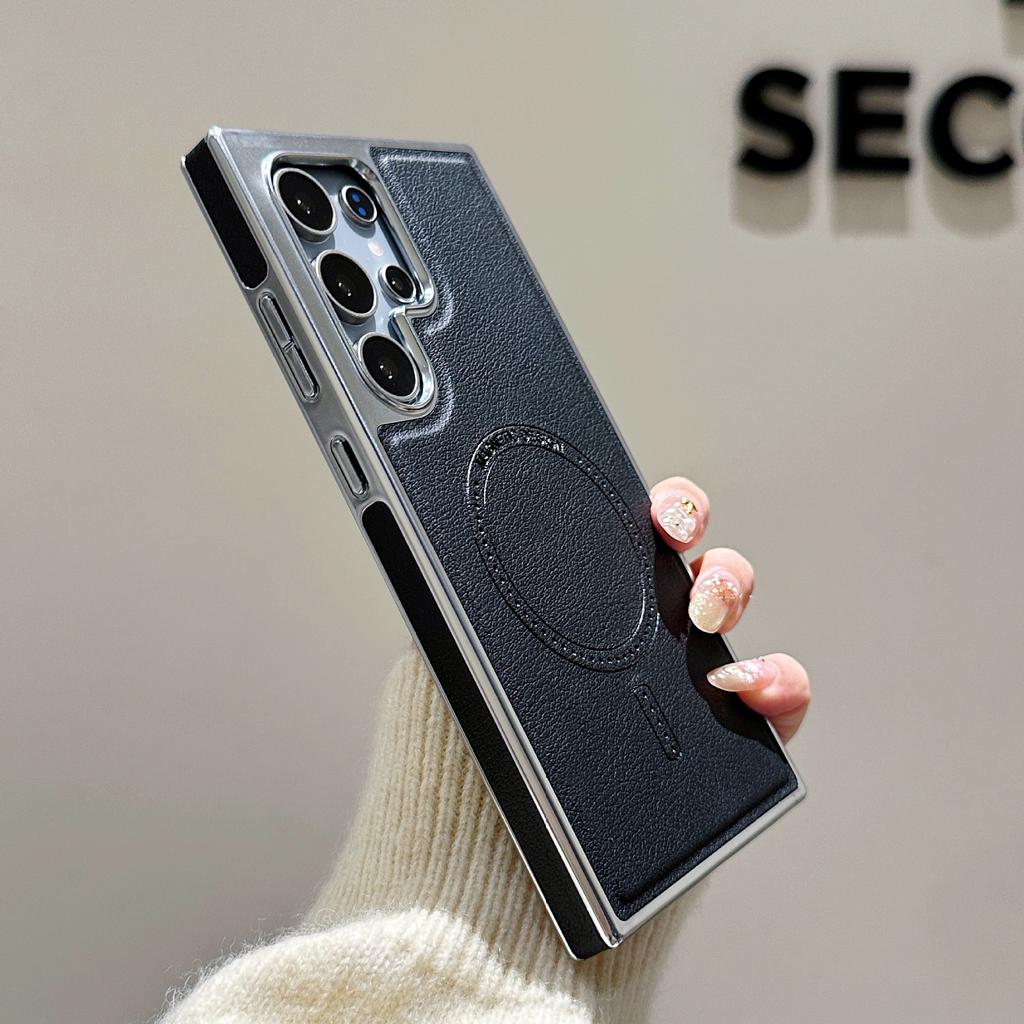 Samsung S25 Ultra Гальванизированный Кожаный Узор Магнитный Чехол для Телефона Samsung S24 Ultra Противоударный и Противоскользящий Чехол с Ощущением Кожи