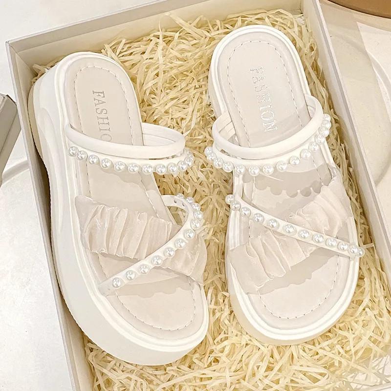 Модные универсальные сандалии-трансформеры в сказочном стиле, новинка летнего сезона, жемчужная платформа-маффин, римские пляжные туфли