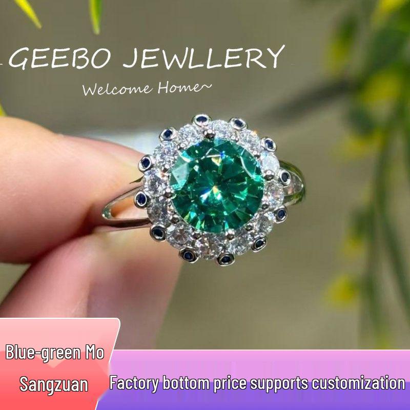 Открытое кольцо из платины PT950 с муассанитом 'Сердца и Стрелы', полное паве, сине-зеленое, 2 карата