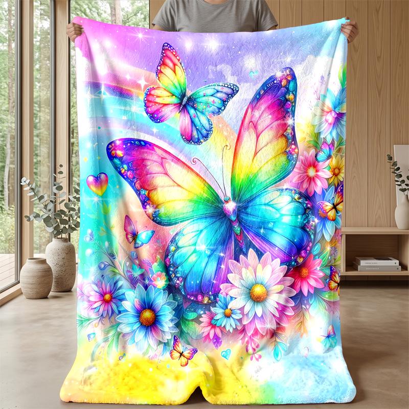 Rainbow Butterfly and Flowers Theme blanket Lightweight Warm Flannel Blanket Decorative Throw Blanket for Home Decoration